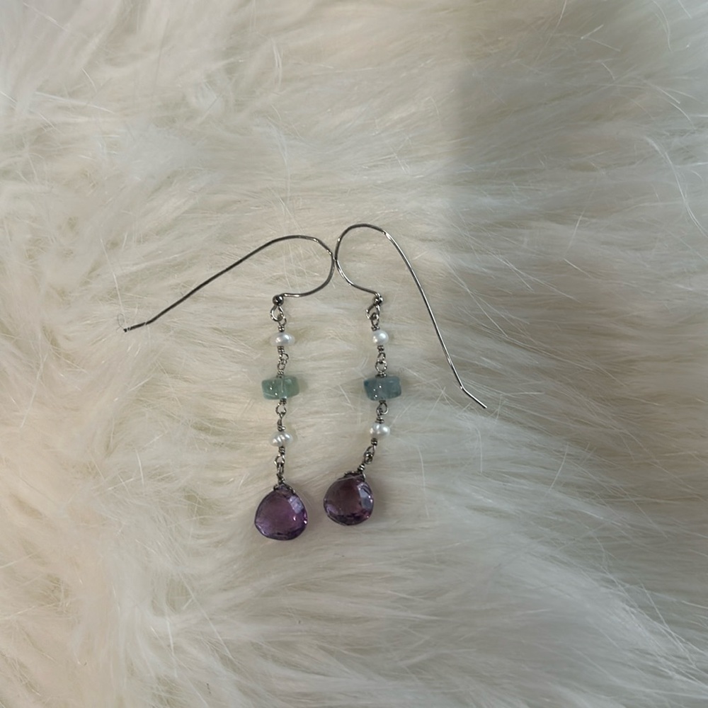 Exquisite hand made natural tourmaline pearl amethyst earrings, sterling silver